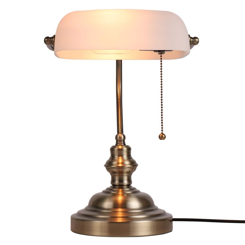 Newrays Glass Bankers Desk Lamp with Pull Chain Switch Plug in Fixture,Satin Brass Finish (White) - Image 1